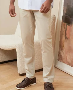 Beige Stretch Cotton Classic Fit Flat Front Chinos