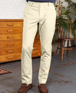 Beige Stretch Cotton Classic Fit Flat Front Chinos