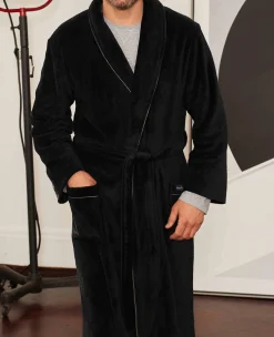 Black Fleece Supersoft Dressing Gown with Grey Piping