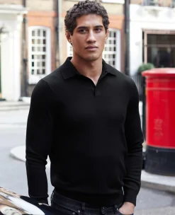 Black Merino Wool Knitted Polo Shirt