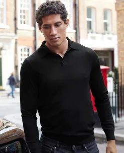 Black Merino Wool Knitted Polo Shirt