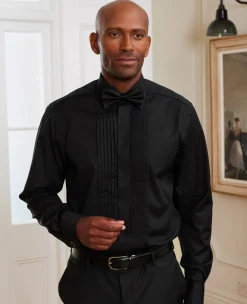 Black Pleated Fly Front Classic Fit Dress Shirt - Double Cuff