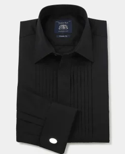 Black Pleated Fly Front Classic Fit Dress Shirt - Double Cuff