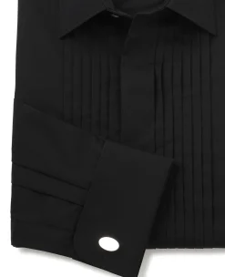 Black Pleated Fly Front Classic Fit Dress Shirt - Double Cuff