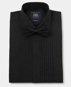 Black Pleated Fly Front Classic Fit Dress Shirt - Double Cuff