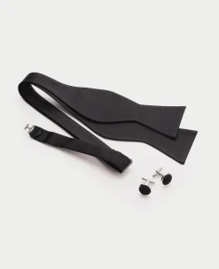 Black Silk Bow Tie & Cufflinks Set