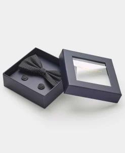 Black Silk Pinspot Ready Bow Tie & Cufflink Set