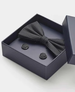 Black Silk Pinspot Ready Bow Tie & Cufflink Set