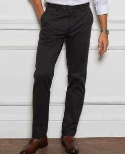 Black Stretch Cotton Classic Fit Flat Front Chinos