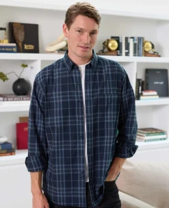 Blue Brushed Cotton Check Classic Fit Button-Down Casual Shirt
