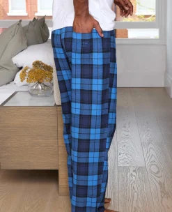 Blue Brushed Cotton Twill Window Check Lounge Pants