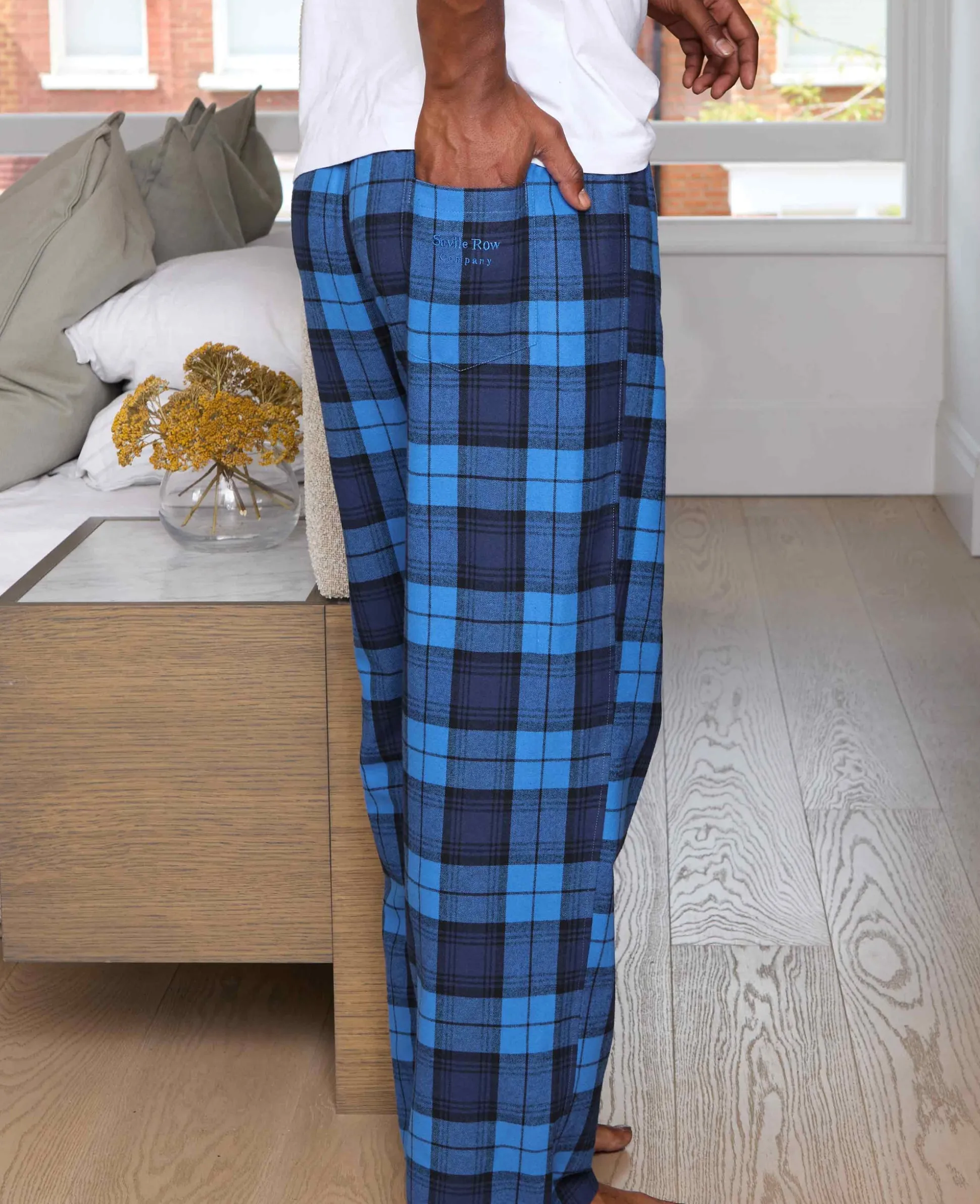 Blue Brushed Cotton Twill Window Check Lounge Pants