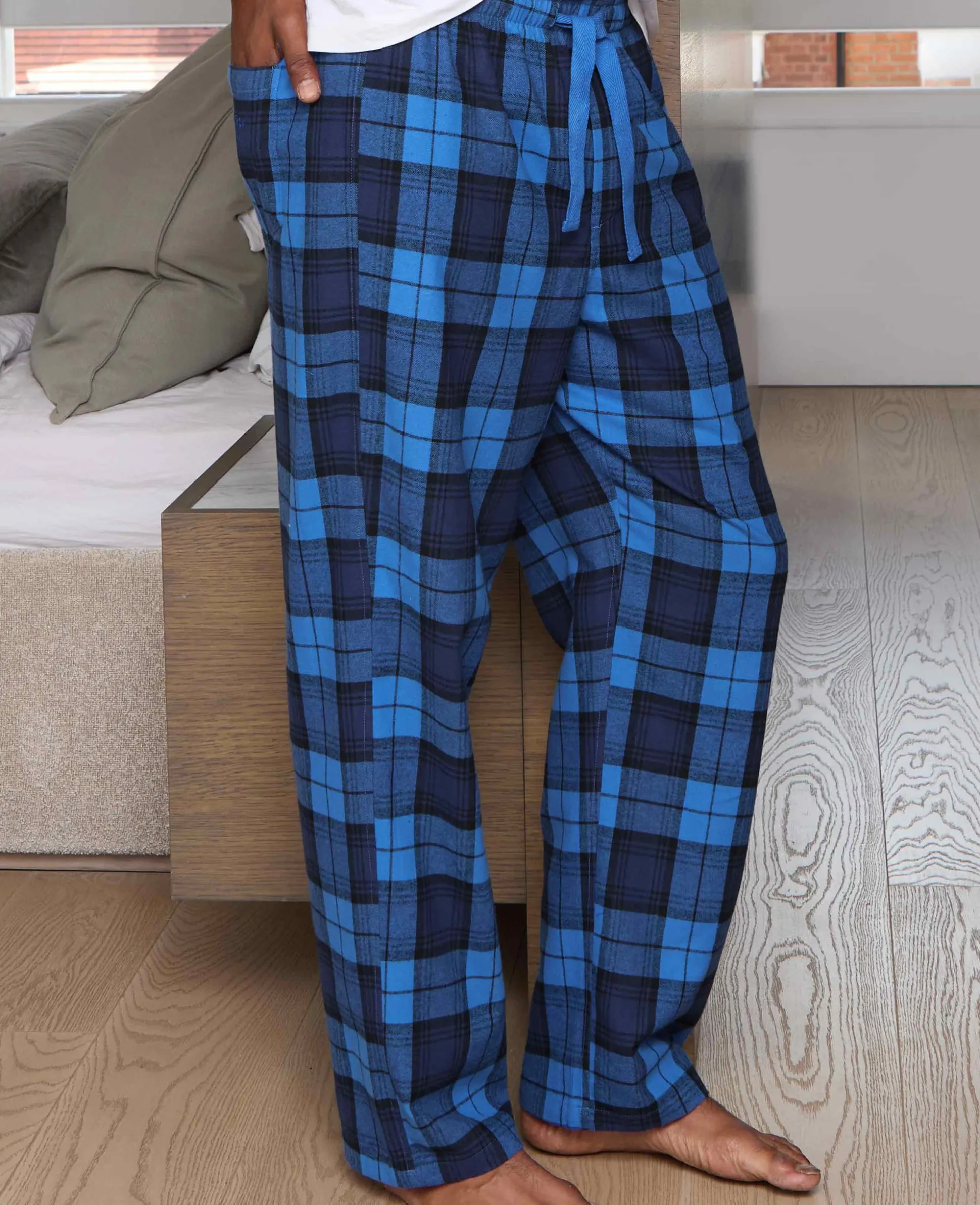 Blue Brushed Cotton Twill Window Check Lounge Pants