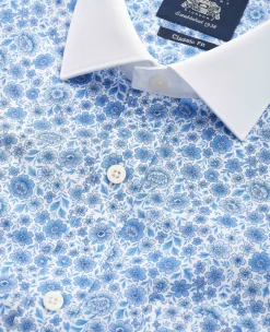 Blue Classic Fit Cotton Poplin Floral Print Winchester Formal Shirt - Double Cuff