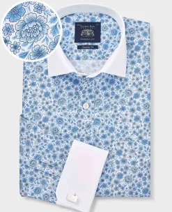 Blue Classic Fit Cotton Poplin Floral Print Winchester Formal Shirt - Double Cuff
