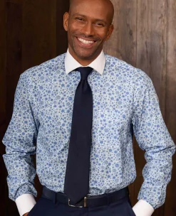 Blue Classic Fit Cotton Poplin Floral Print Winchester Formal Shirt - Double Cuff