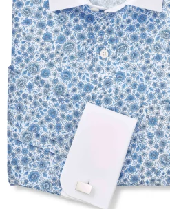 Blue Classic Fit Cotton Poplin Floral Print Winchester Formal Shirt - Double Cuff