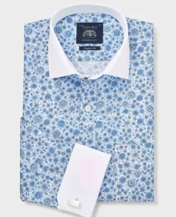 Blue Classic Fit Cotton Poplin Floral Print Winchester Formal Shirt - Double Cuff