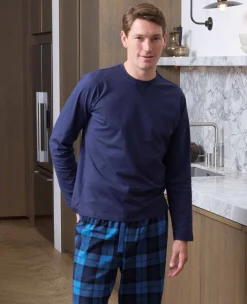 Blue Cotton Checked Lounge Pants & Long Sleeve T-Shirt Pyjama Set