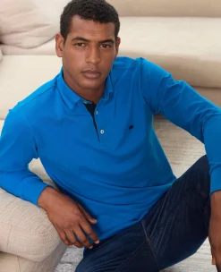 Blue Cotton Pique Long Sleeve Polo Shirt