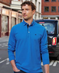Blue Cotton Pique Long Sleeve Polo Shirt