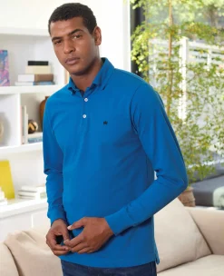 Blue Cotton Pique Long Sleeve Polo Shirt