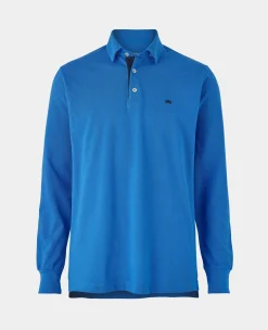 Blue Cotton Pique Long Sleeve Polo Shirt