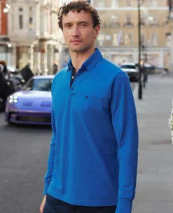 Blue Cotton Pique Long Sleeve Polo Shirt