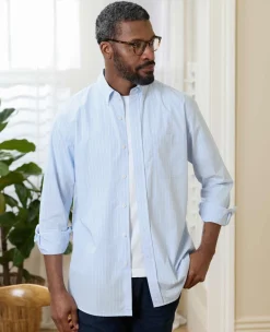 Blue Cotton Poplin Classic Fit Stripe Button-Down Smart Casual Shirt