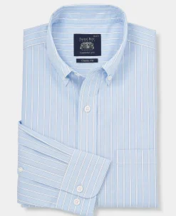 Blue Cotton Poplin Classic Fit Stripe Button-Down Smart Casual Shirt