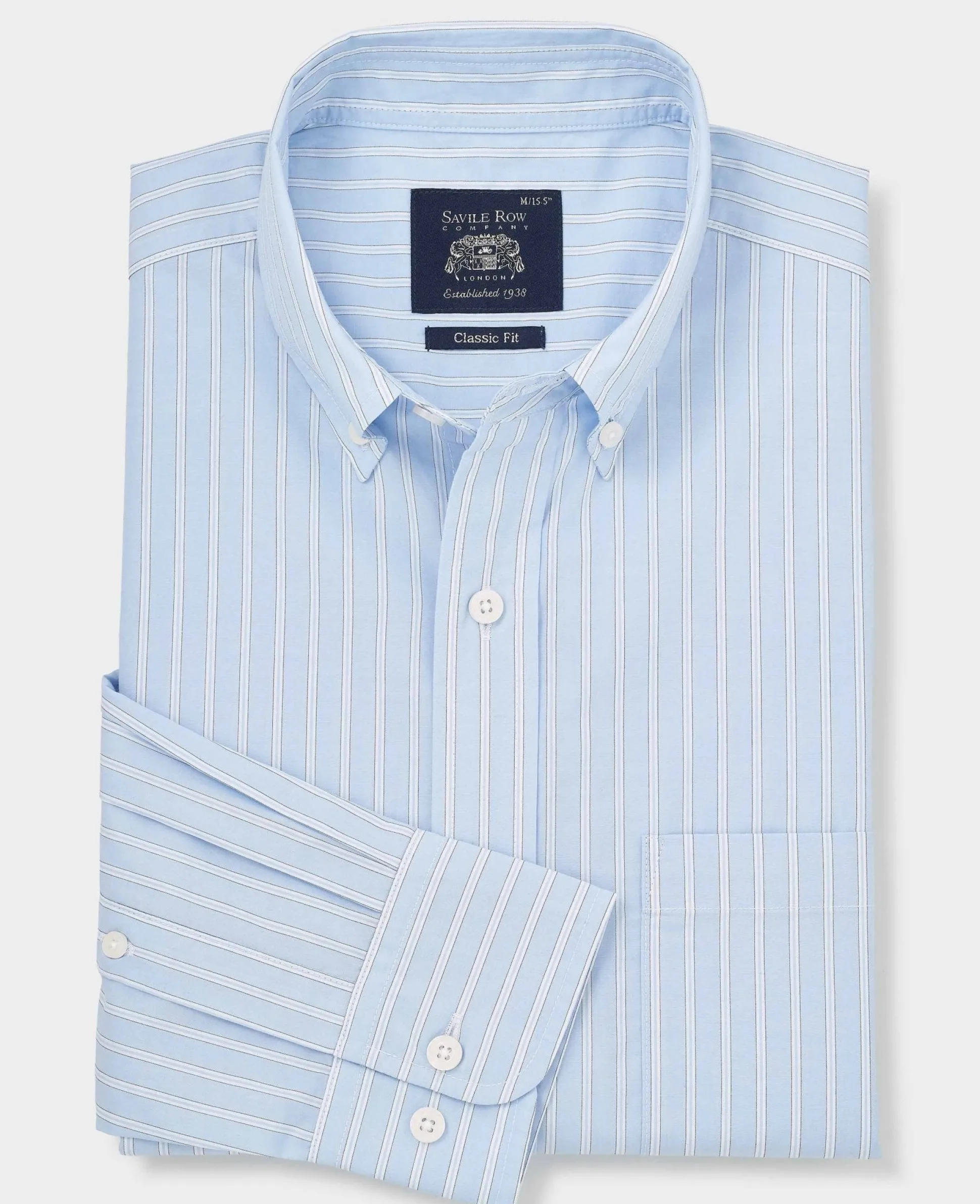 Blue Cotton Poplin Classic Fit Stripe Button-Down Smart Casual Shirt