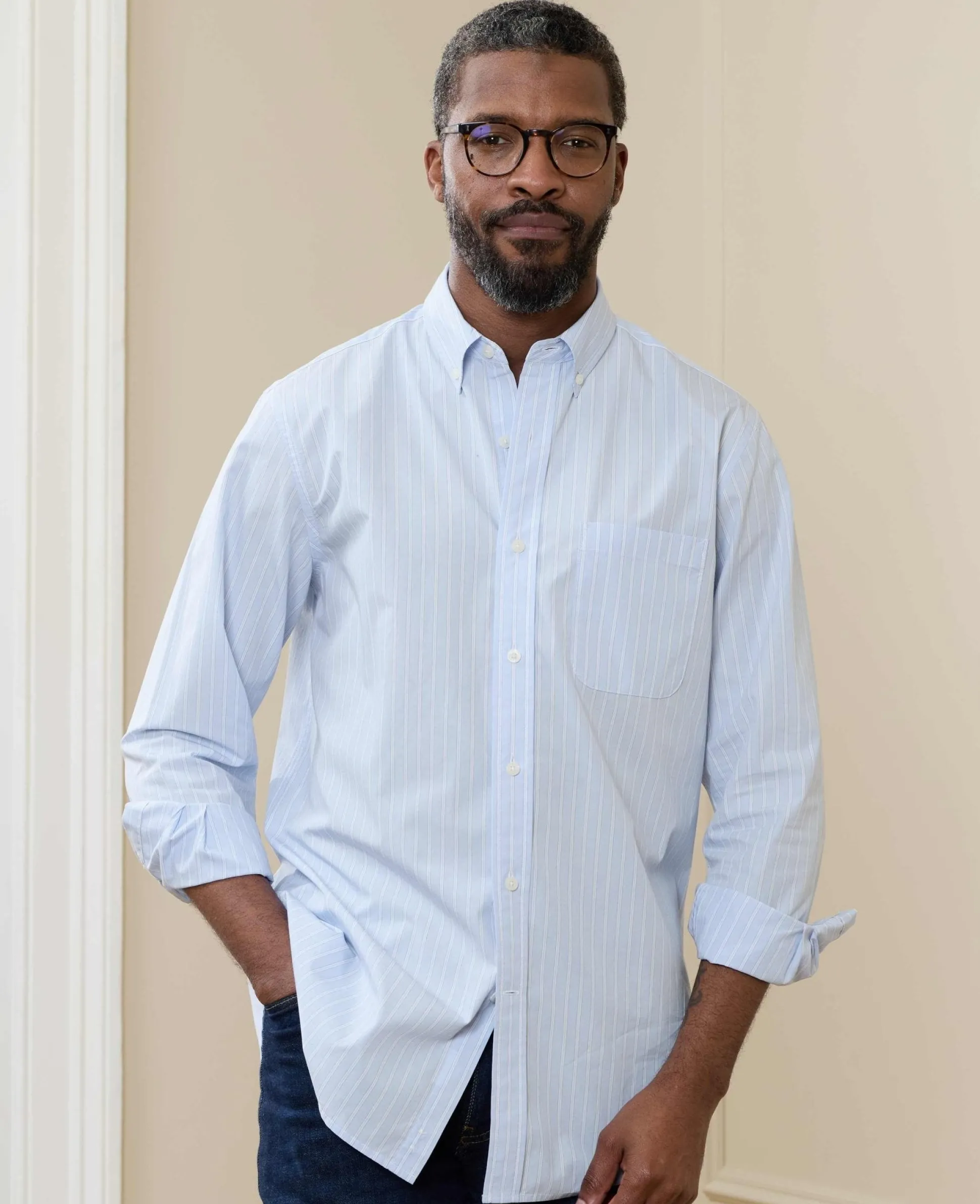 Blue Cotton Poplin Classic Fit Stripe Button-Down Smart Casual Shirt