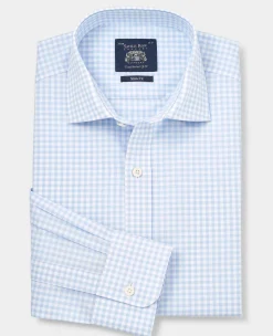 Blue Cotton Poplin Gingham Check Slim Fit Formal Shirt - Single Cuff
