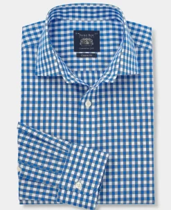 Blue Cotton Poplin Gingham Check Classic Fit Non-Iron Shirt - Single Cuff