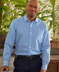 Blue Cotton Poplin Gingham Check Classic Fit Non-Iron Shirt - Single Cuff