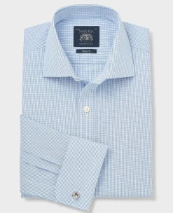 Blue Cotton Poplin Mini Check Slim Fit Formal Shirt - Double Cuff