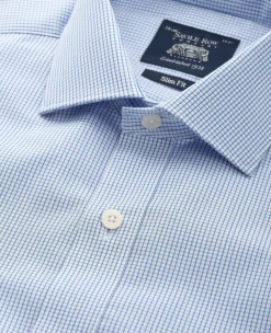 Blue Cotton Poplin Mini Check Slim Fit Formal Shirt - Double Cuff
