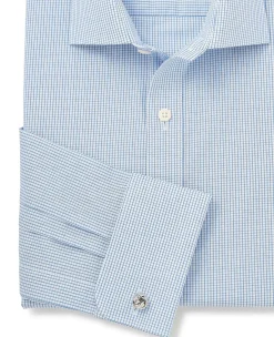 Blue Cotton Poplin Mini Check Slim Fit Formal Shirt - Double Cuff