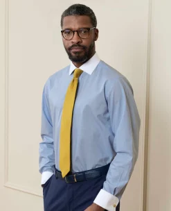 Blue Cotton Poplin Prince of Wales Check Classic Fit Non-Iron Shirt - Double Cuff