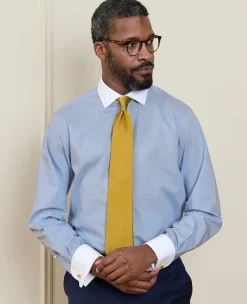 Blue Cotton Poplin Prince of Wales Check Classic Fit Non-Iron Shirt - Double Cuff