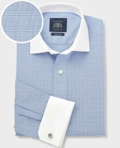 Blue Cotton Poplin Prince of Wales Check Classic Fit Non-Iron Shirt - Double Cuff