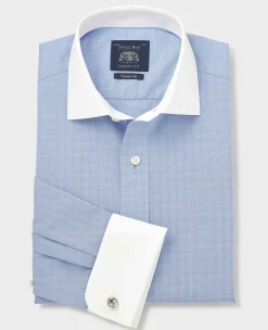 Blue Cotton Poplin Prince of Wales Check Classic Fit Non-Iron Shirt - Double Cuff
