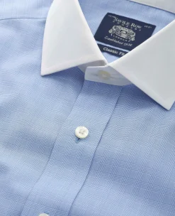 Blue Cotton Poplin Prince of Wales Check Classic Fit Non-Iron Shirt - Double Cuff