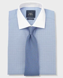 Blue Cotton Poplin Prince of Wales Check Classic Fit Non-Iron Shirt - Double Cuff