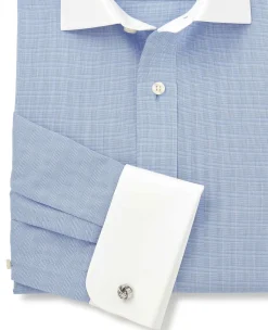 Blue Cotton Poplin Prince of Wales Check Classic Fit Non-Iron Shirt - Double Cuff