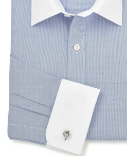 Blue Cotton Poplin Stripe Classic Fit Winchester Formal Shirt - Double Cuff