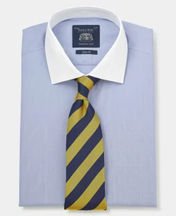 Blue Cotton Poplin Stripe Slim Fit Winchester Formal Shirt - Double Cuff
