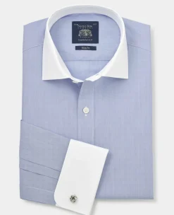 Blue Cotton Poplin Stripe Slim Fit Winchester Formal Shirt - Double Cuff