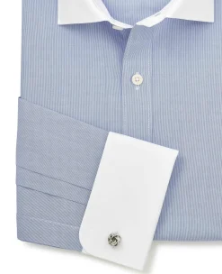 Blue Cotton Poplin Stripe Slim Fit Winchester Formal Shirt - Double Cuff
