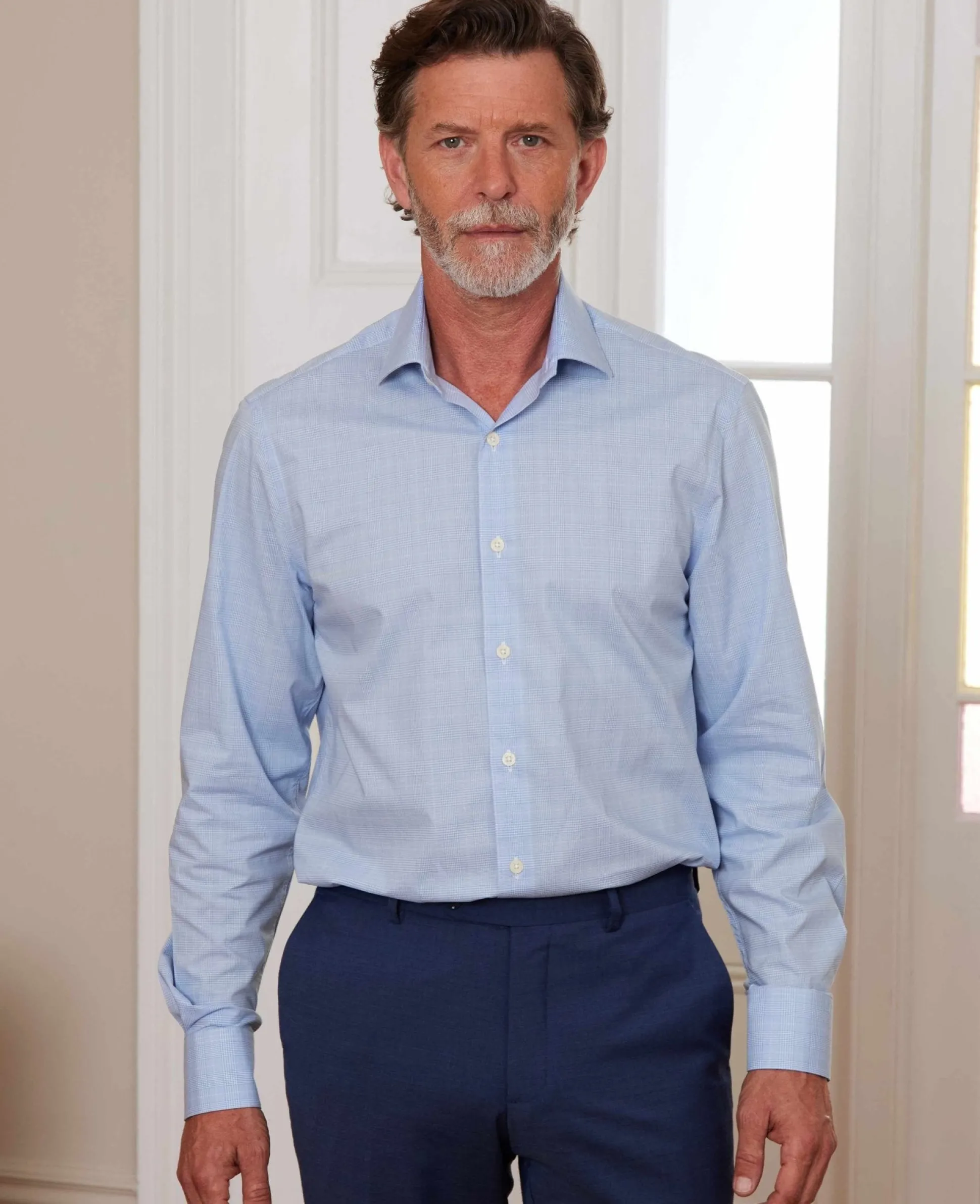 Blue Cotton Prince of Wales Check Slim Fit Formal Shirt - Single Cuff